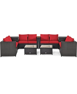 Gymax 8PCS Cushioned Rattan Patio Conversation Set w/ Side Table Red Cushion