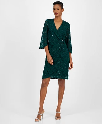 Connected Women's Sequin-Lace 3/4-Sleeve Faux-Wrap Dress