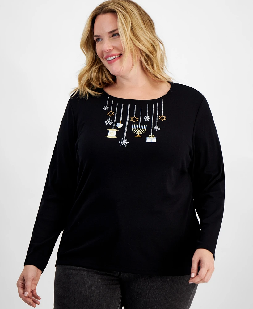 Holiday Lane Plus Hanukkah Fun Long-Sleeve Top, Created for Macy's