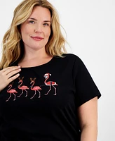 Holiday Lane Plus Flamingo Flair Short-Sleeve Top, Created for Macy's