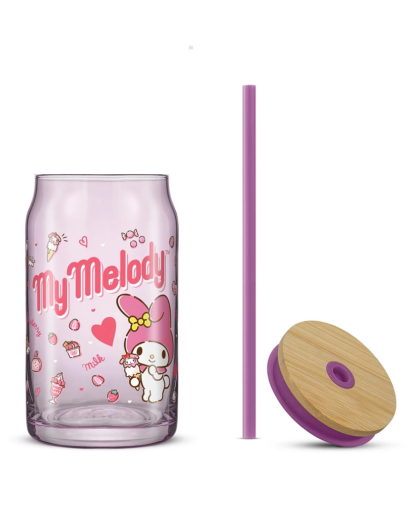 JoyJolt Hello Kitty and Friends Favorite Flavor My Melody Can Shaped Glass Tumbler with Wood Lid and Straw