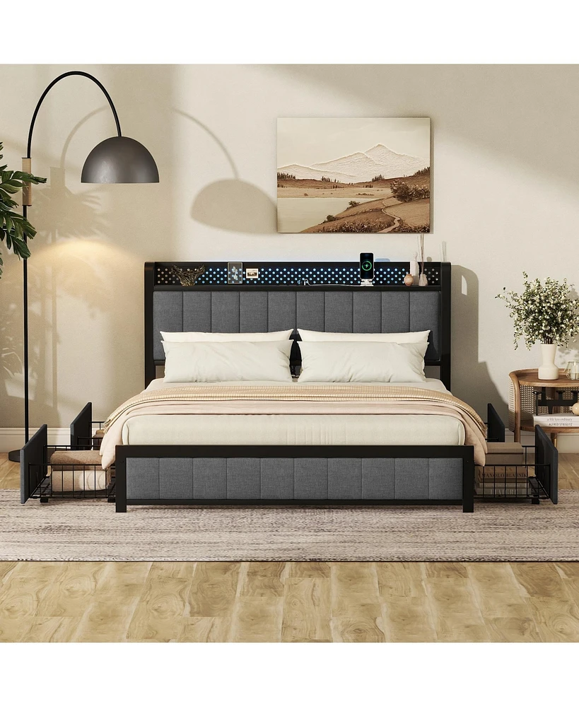 Streamdale Furniture Queen Bed Frame with Led Headboard, Upholstered Bed with 4 Storage Drawers and Usb Ports, Dark Grey