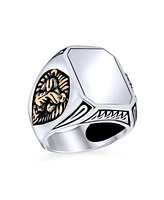 Bling Jewelry Big Statement Masculine King Of Jungle Rectangle Signet Accent Lion Ring For Men Solid Oxidized .925 Sterling Silver