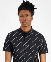 A|X Armani Exchange Men's Stretch Short Sleeve Button-Front Logo Print Shirt, Created for Macy's