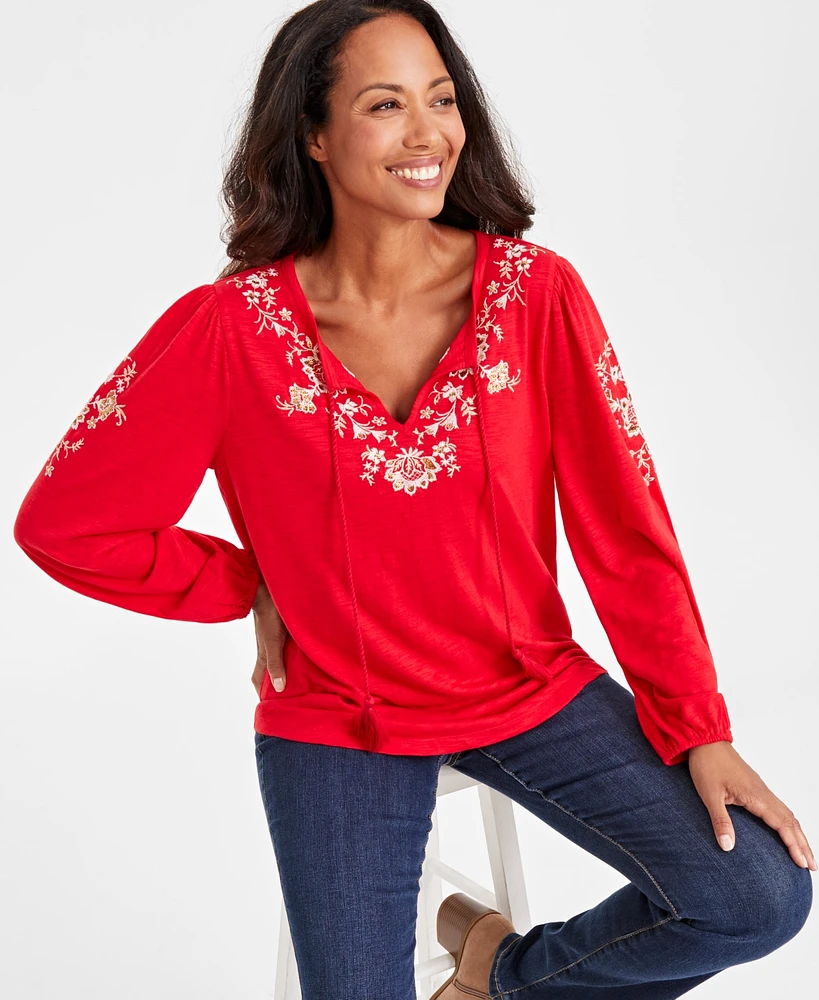 Style & Co Women's Shine Embroidered Long-Sleeve Blouse, Created for Macy's