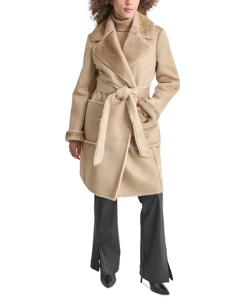 Dkny Women's Belted Notched-Collar Faux-Shearling Coat, Created for Macy's