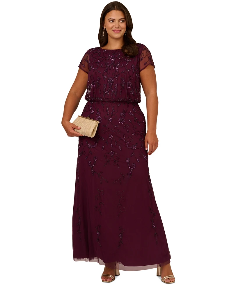 Adrianna Papell Plus Size Sequined-Mesh Evening Gown