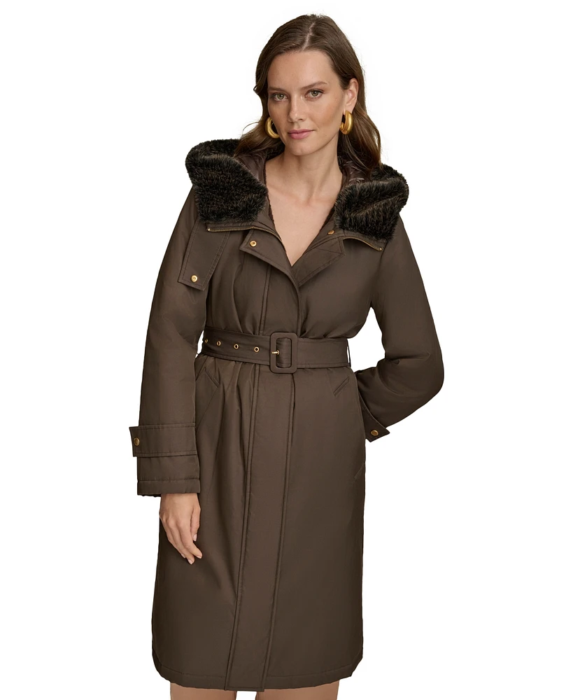 Donna Karan New York Women's Faux-Fur-Trim Hooded Raincoat