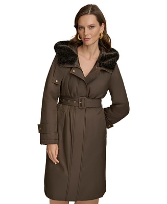 Donna Karan New York Women's Faux-Fur-Trim Hooded Raincoat