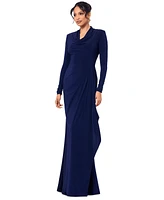 Betsy & Adam Women's Cowlneck Draped Long-Sleeve Gown