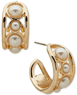 Anne Klein Gold-Tone Small Imitation Pearl C-Hoop Earrings, 0.75"