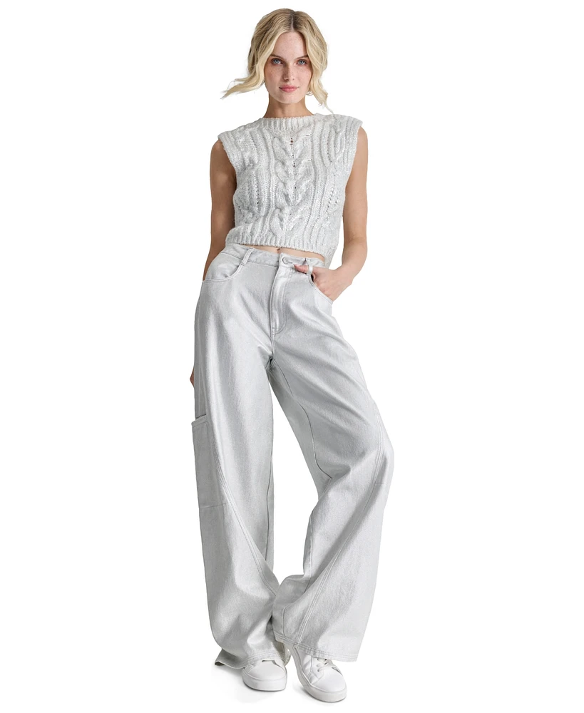 Dkny Jeans Petite Cropped Cable-Knit Metallic-Threaded Sleeveless Sweater