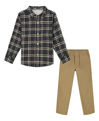 Calvin Klein Little Boy Long Sleeve Plaid Chest Pocket Shirt Prewashed Twill Pants