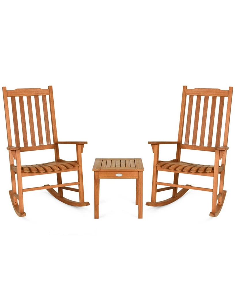 Sugift 3 Pieces Eucalyptus Rocking Chair Set with Coffee Table