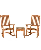 Sugift 3 Pieces Eucalyptus Rocking Chair Set with Coffee Table