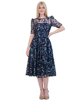 Eliza J Petite Boat-Neck Floral-Sequin Midi Dress