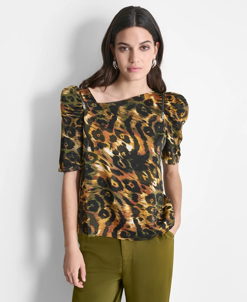 Dkny Women's Printed Asymmetric Zip-Shoulder Blouse