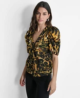 Dkny Women's Printed Puff-Sleeve V-Neck Blouse