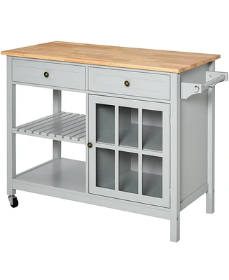 Homcom Rolling Kitchen Organizer Storage Serving Trolley with Rubber Wood Top, Grey