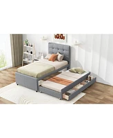 Streamdale Furniture Twin Size Upholstered Platform Bed With Pull-Out Twin Size Trundle And 3 Drawers