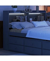 Streamdale Furniture Full Size Bed with Usb, Led Light, Bookcase, Trundle & Storage