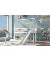 Streamdale Furniture Twin Over Full House Bunk Bed With Slide And Built-In Ladder, Full-Length Guardrail, White