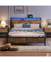 Streamdale Furniture Rustic Brown Full Bed Frame with Led Lights & Storage