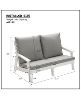 Loveseat with Cushion, Wood Grain Outdoor Garden Sofa, White/Grey