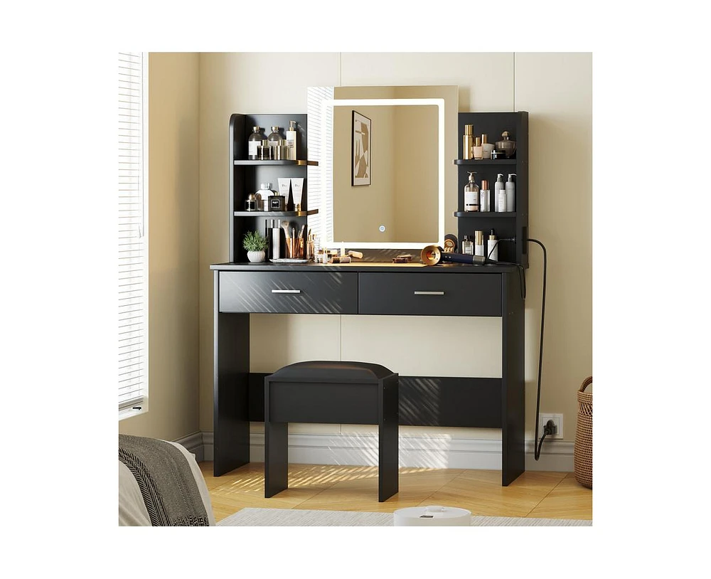 gaomon Vanity Desk with Mirror and Lights, Makeup Set w/Desk Chair, Power Outlet, 6 Storage Shelves, 2 Large Drawer