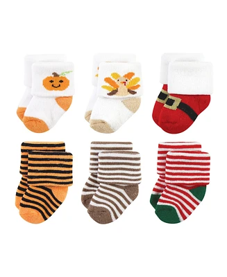 Hudson Baby Boys Unisex Holiday Newborn Terry Socks, Halloween Christmas, 6-12 Months