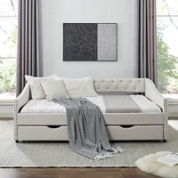 Upholstered Daybed with Drawers, Button Back & Copper Nail Arms