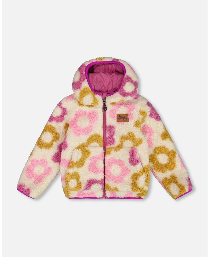 Deux par Girl Reversible Sherpa Jacket Purple Flowers - Child