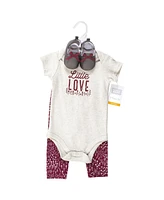 Hudson Baby Girls Cotton Bodysuit, Pant and Shoe Set Love Flowers