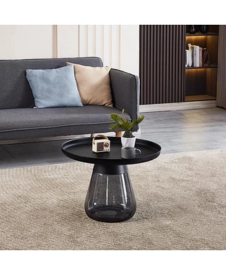 Simplie Fun Smoke Glass Base With Black Painting Top Coffee Table, Living Room Center Table