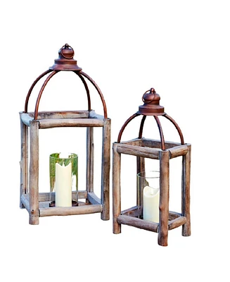 Slickblue Set of 2 Rustic Wood Log and Antique Metal Lanterns with Glass Hurricane