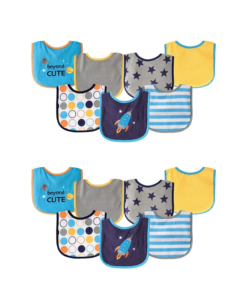 Luvable Friends Baby Boys Cotton Terry Drooler Bibs with Peva Back, Blue Rocket 14-Piece