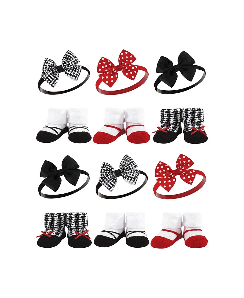 Hudson Baby Infant Girl 12Pc Headband and Socks Giftset, Red Houndstooth, One Size