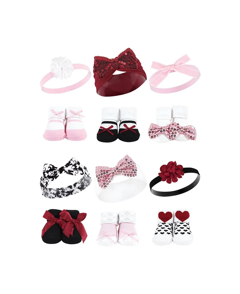 Hudson Baby Infant Girl 12Pc Headband and Socks Giftset, Pink Sequin Red Sequin, One Size