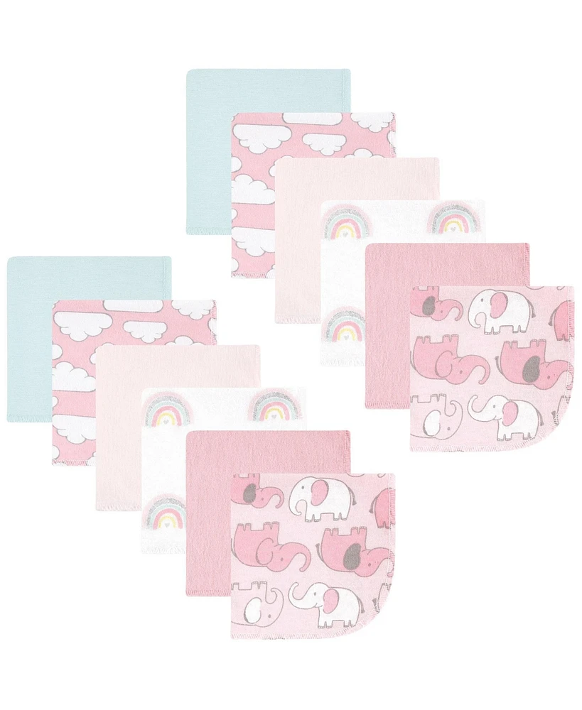 Hudson Baby Infant Girl Flannel Cotton Washcloths, Girl New Elephant 12-Pack, One Size