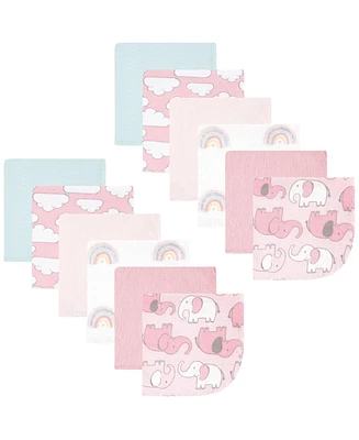 Hudson Baby Infant Girl Flannel Cotton Washcloths, Girl New Elephant 12-Pack, One Size