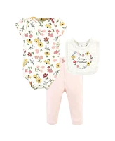 Hudson Baby Girls Cotton Bodysuit, Pant and Bib Set, Sage Floral Wreath, Newborn