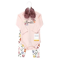 Hudson Baby Girls Cotton Long-Sleeve Bodysuit, Pant and Shoe Set Love Flowers, 6-9 Months