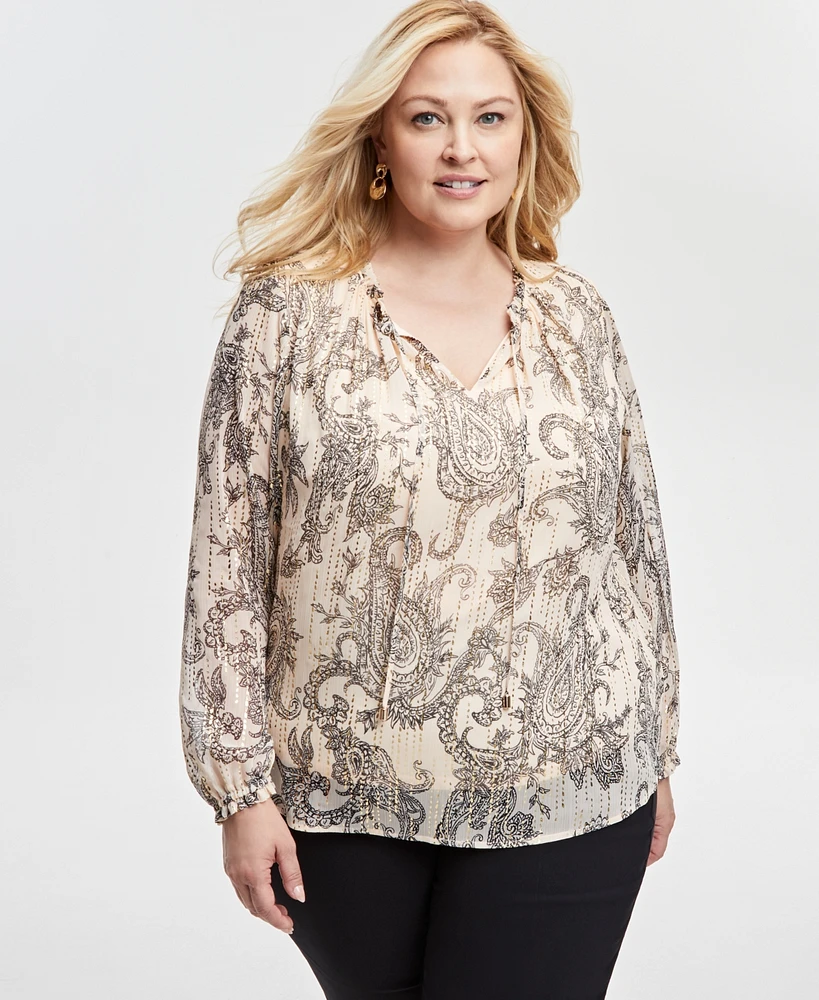 Jm Collection Plus Print Chiffon Tie-Neck Top, Exclusively at Macy's