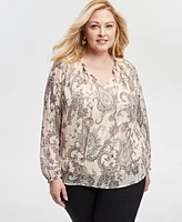 Jm Collection Plus Print Chiffon Tie-Neck Top, Exclusively at Macy's