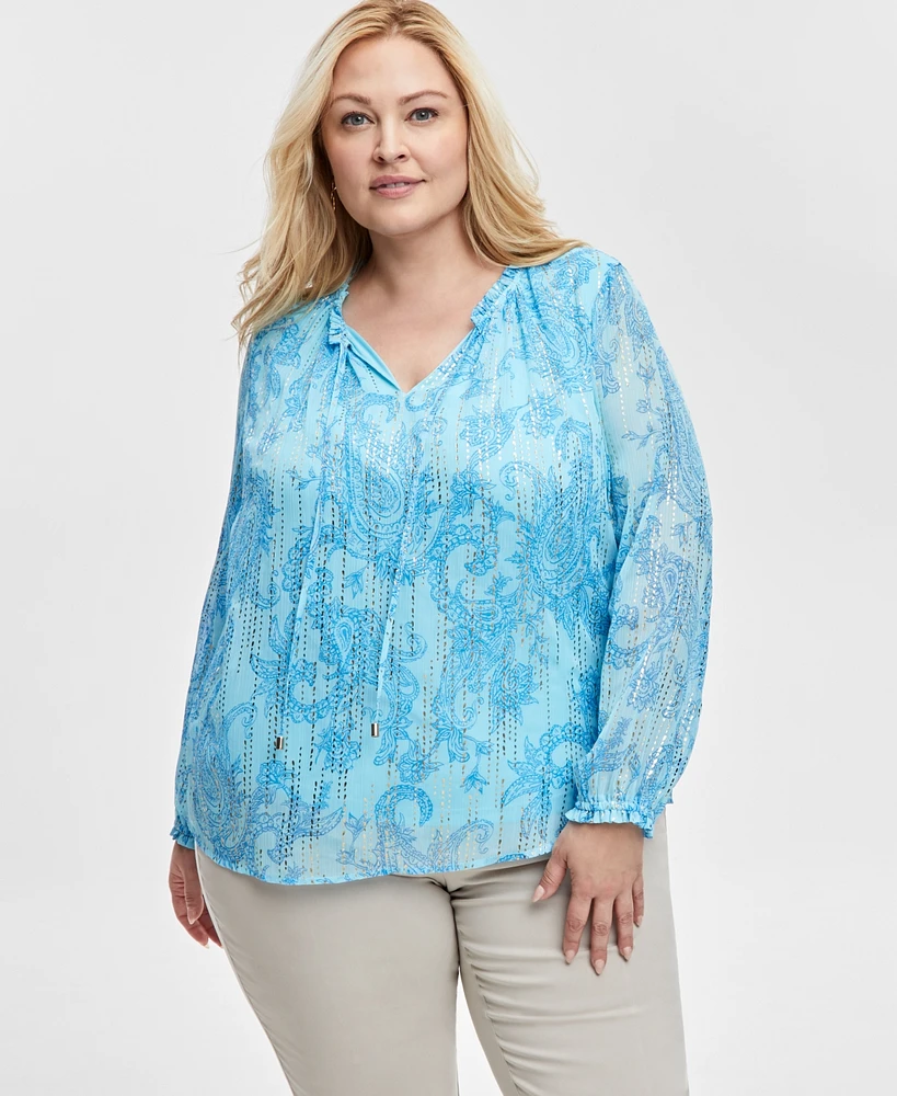Jm Collection Plus Print Chiffon Tie-Neck Top, Exclusively at Macy's
