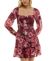 Trixxi Juniors' Floral Print Blouson-Sleeve Fit & Flare Dress