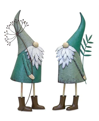 Slickblue Iron Metal Standing Garden Gnome With Flower (Set of 2)