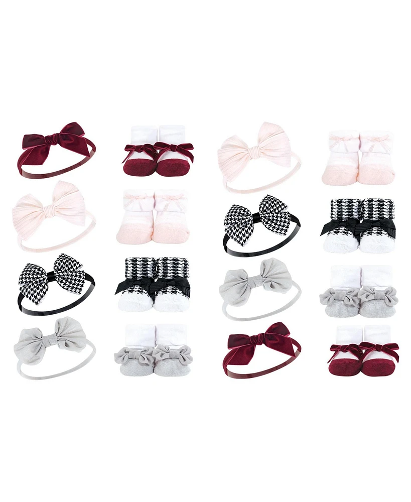 Hudson Baby Infant Girl 16Pc Headband and Socks Giftset, Houndstooth Burgundy, One Size