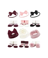 Hudson Baby Infant Girl 12Pc Headband and Socks Giftset, Burgundy Blush Burgundy Black, One Size