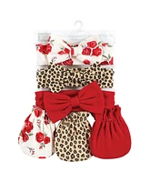 Hudson Baby Baby Girls Cotton Headband and Scratch Mitten Set, Rose Leopard, 0-6 Months